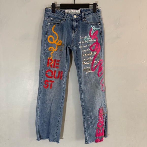 Vintage 90s Request Blue Paint Graffiti Jeans - Picture 1 of 6